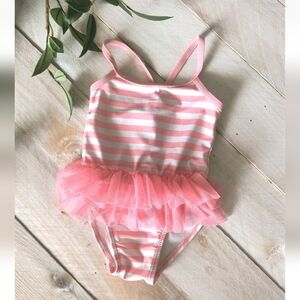 Baby Girls Pink White Striped Ruffle One Piece Bathing Suit Size 6-9 Months